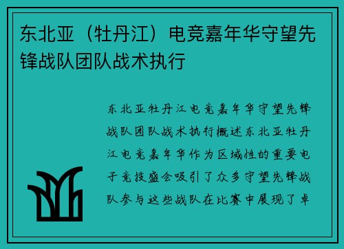 东北亚（牡丹江）电竞嘉年华守望先锋战队团队战术执行